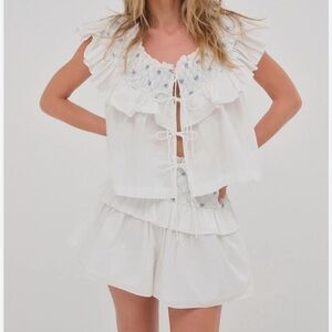 For Love And Lemons Birdie Smocked Embroidered Tie Front Top